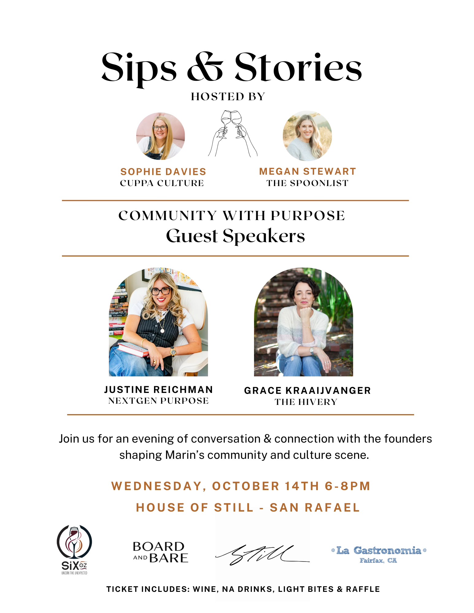 Sips & Stories: Community with Purpose event poster featuring guest speakers Justine Reichman and Grace Kraaijvanger, hosted by Sophie Davies and Megan Stewart.
