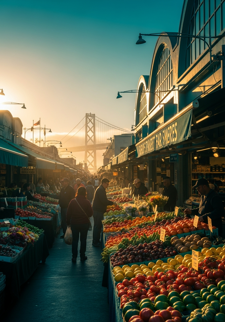 San Francisco Ferry Building Farmers Market at golden hour