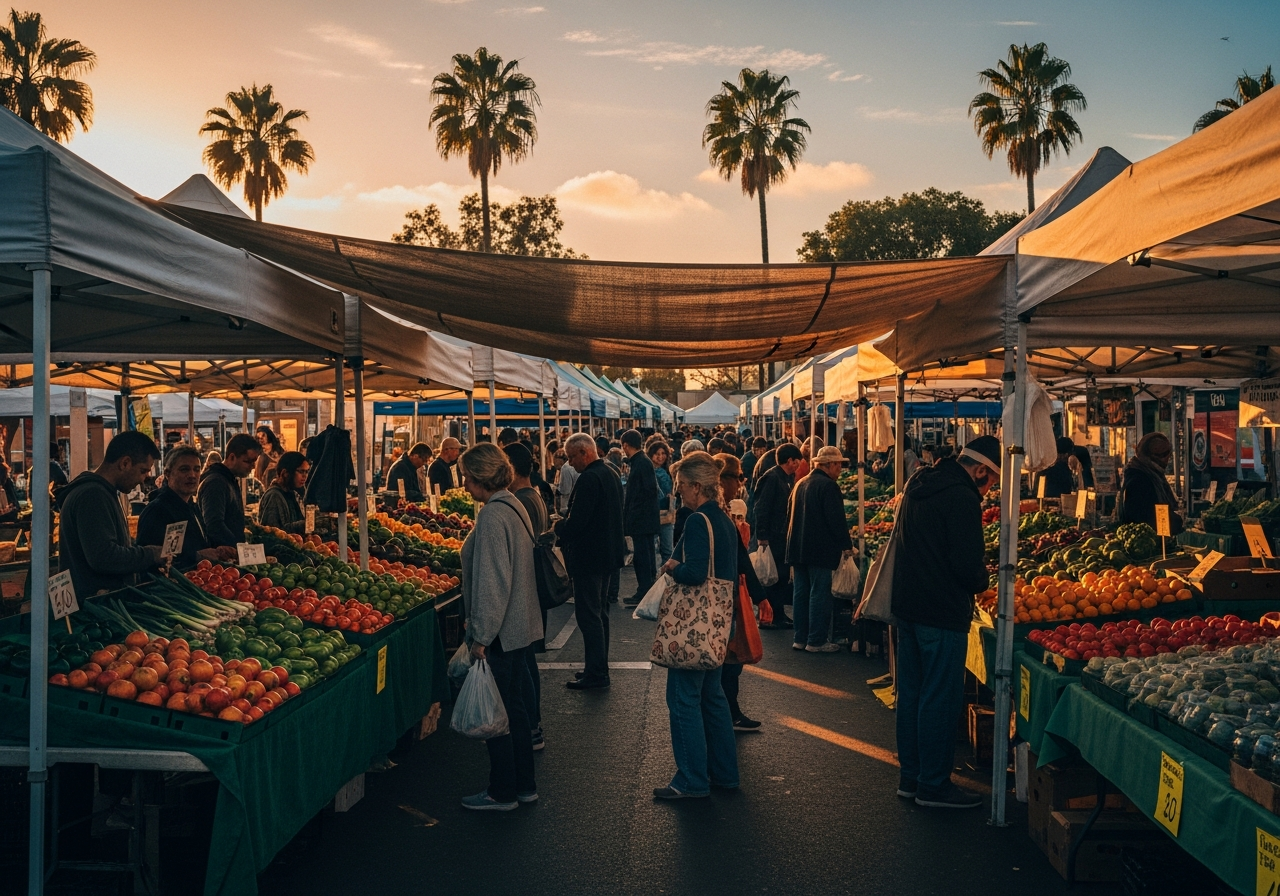 Los Angeles outdoor farmers market at golden hour