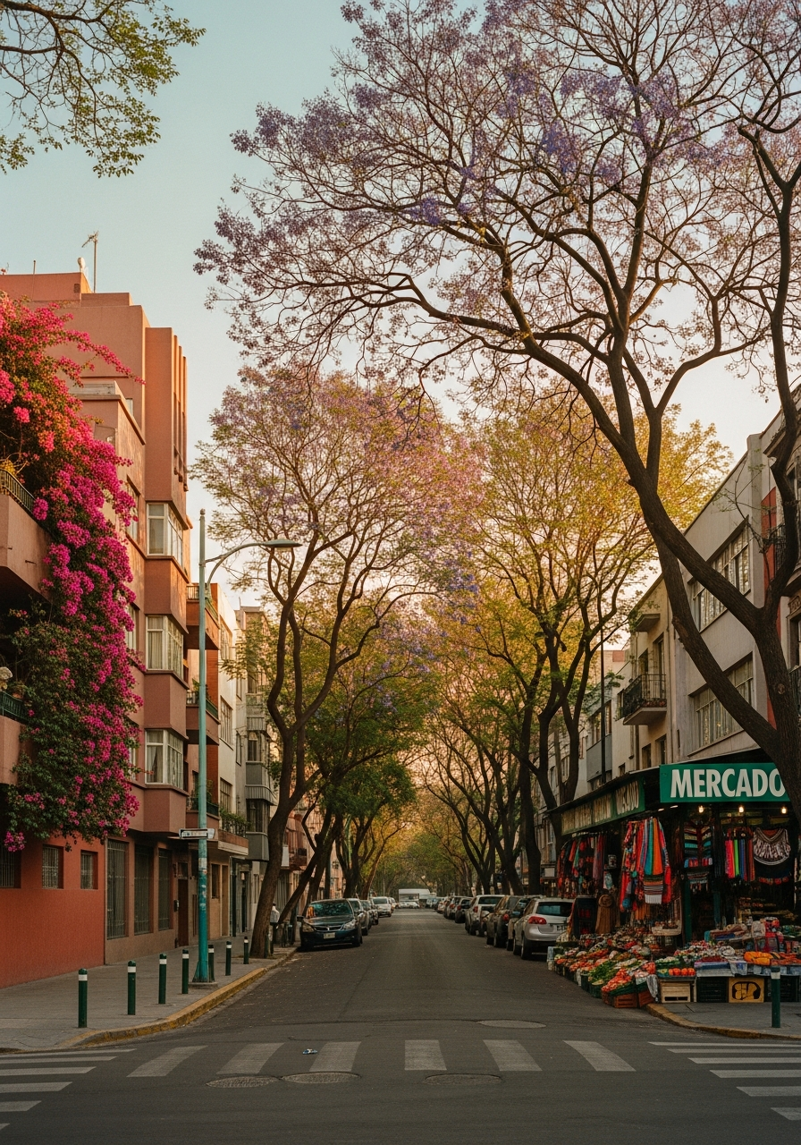 Roma Norte street with jacaranda trees and art deco buildings