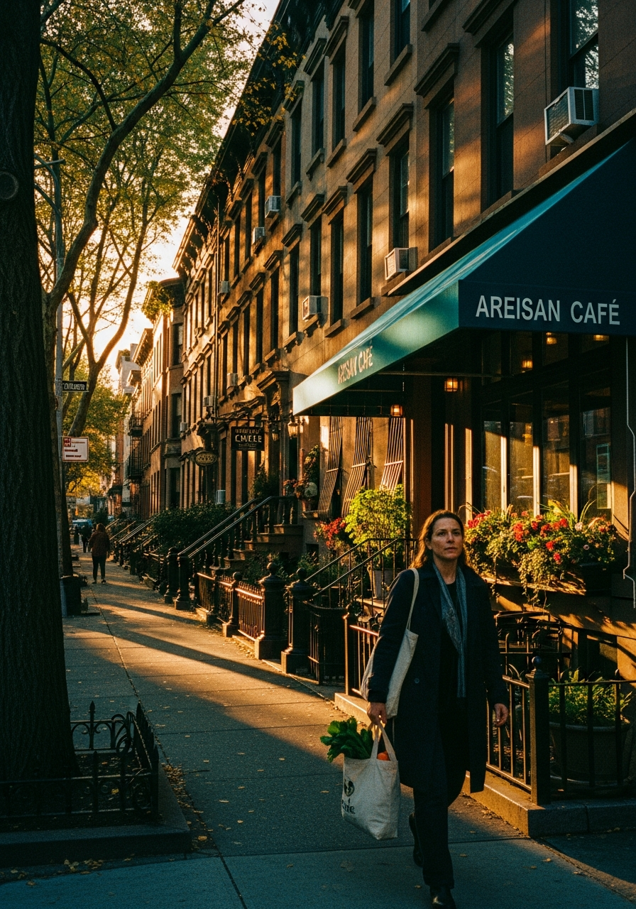 Brooklyn brownstone neighborhood with artisan café